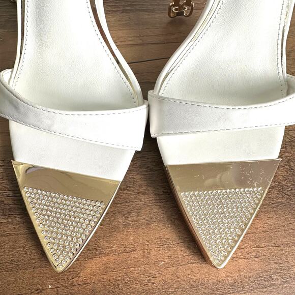Azalea Wang Slow Motion Stiletto Sz 6.5 White Gold Chain Sandal Heels - Picture 6 of 9